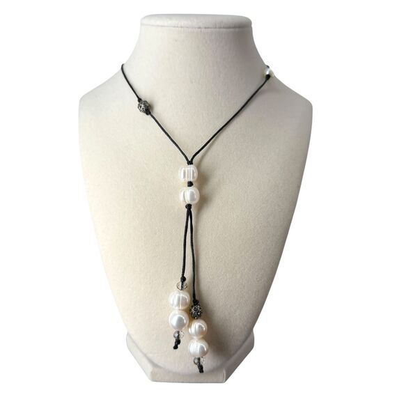 J. Jill Pearl Pavé Earrings w/ Beaded Adjustable Cord Necklace Set Y Statement - Picture 4 of 14